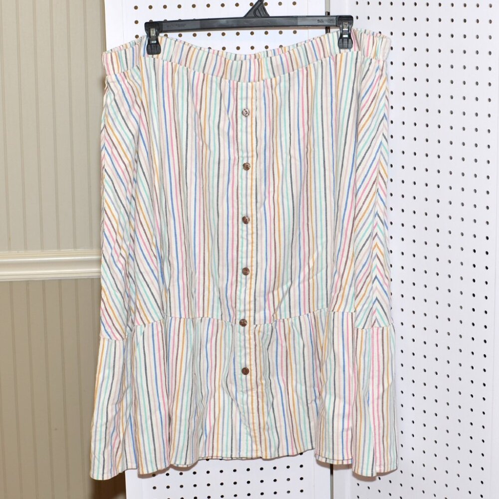 Plus Size Lane Bryant 26/28 Colorful Striped Ruffle Hem Pull-On Midi Skirt - Picture 4 of 14